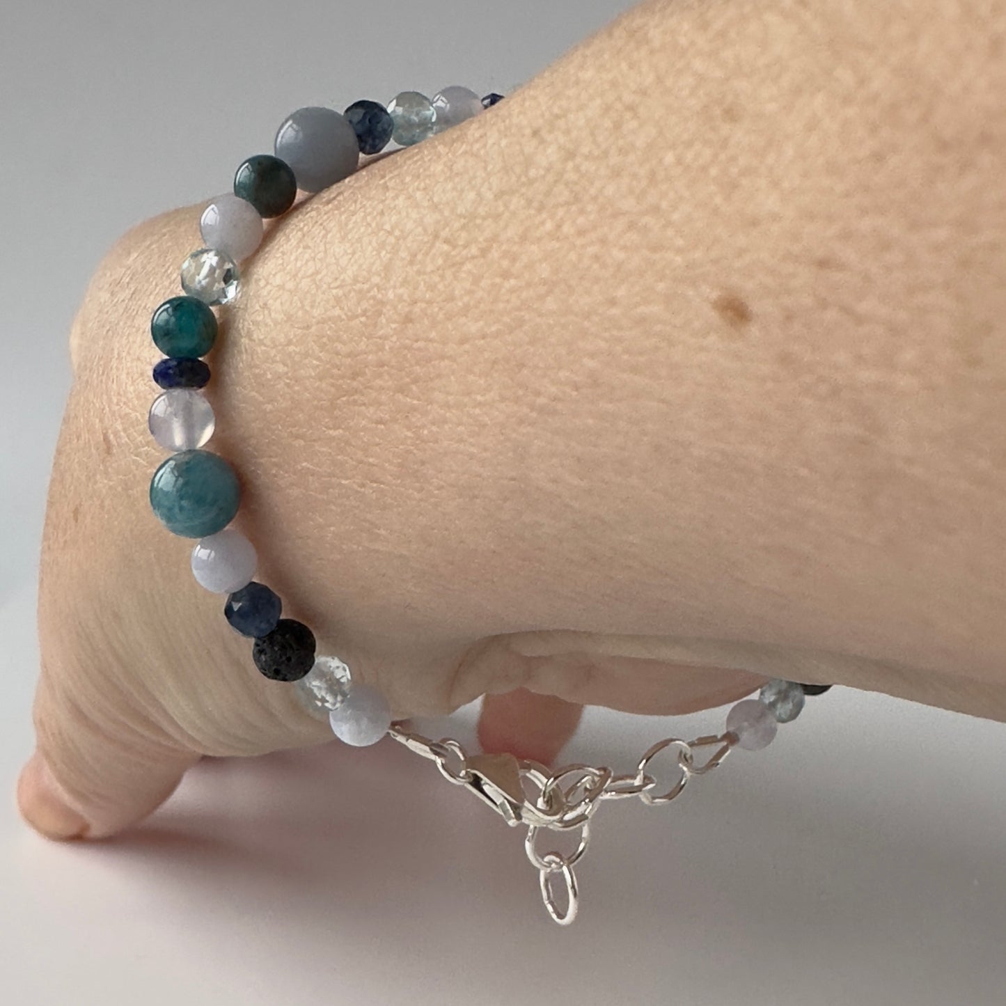 Healing Crystal & Sterling Silver Throat Chakra bracelet with aromatherapy beaads