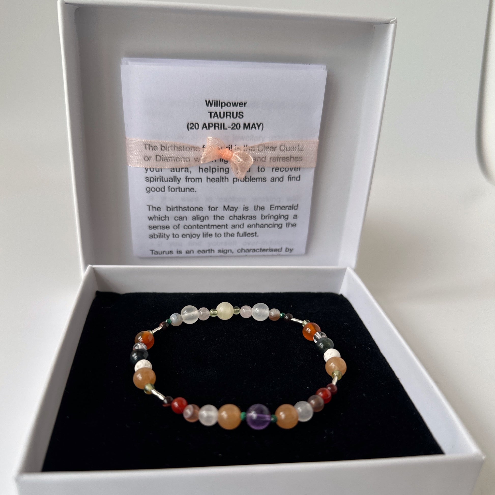 Taurus Handmade Healing Crystal bracelet for Willpower in box