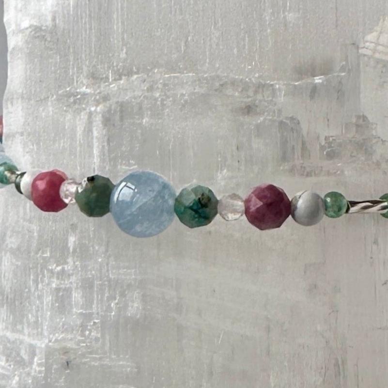 Cancer Healing Crystal bracelet for Anxiety showing Chrysocolla, Rhodonite, Turquoise, Aquamarine, Aventurine and Howlite,