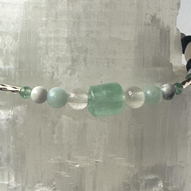 Virgo Healing Crystal bracelet for Anxiety showing Howlite, Green Aventurine, Amazonite, Fluorite, Selenite and Clear Quartz