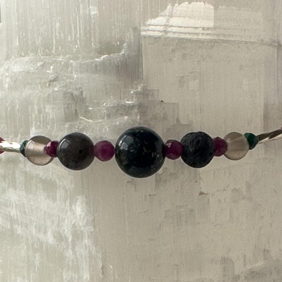 Sagittarius Healing Crystal bracelet for Grief & Loss showing Azurite, Smoky Quartz, Sugilite, Malachite and Lava Stone