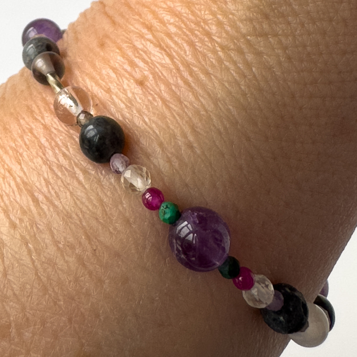 Scorpio Healing Crystal bracelet for Grief & Loss on wrist showing Citrine, Malachite, Labradorite, Ruby, Amethyst, Smoky Quartz and Clear Quartz