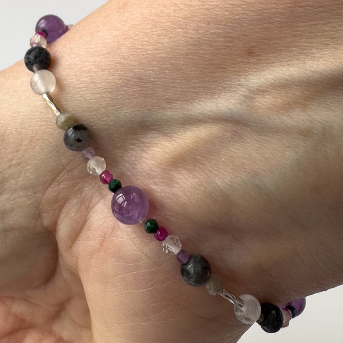 Scorpio Healing Crystal bracelet for Grief & Loss on wrist showing Citrine, Malachite, Labradorite, Ruby and Amethyst