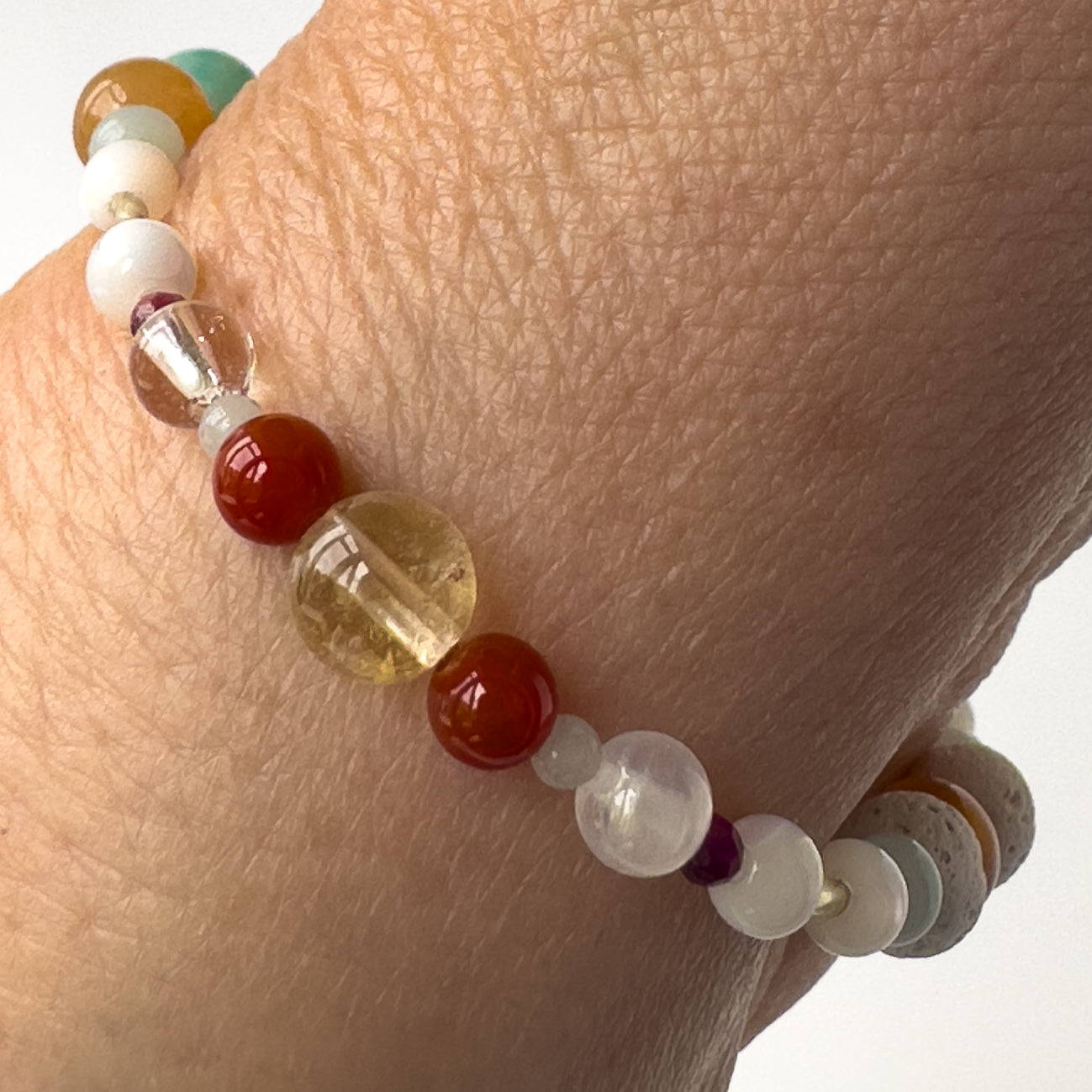 Virgo Healing Crystal bracelet for Grief & Loss on wrist showing Carnelian, Amazonite, Citrine, Sugilite, Moonstone, Selenite and Clear Quartz