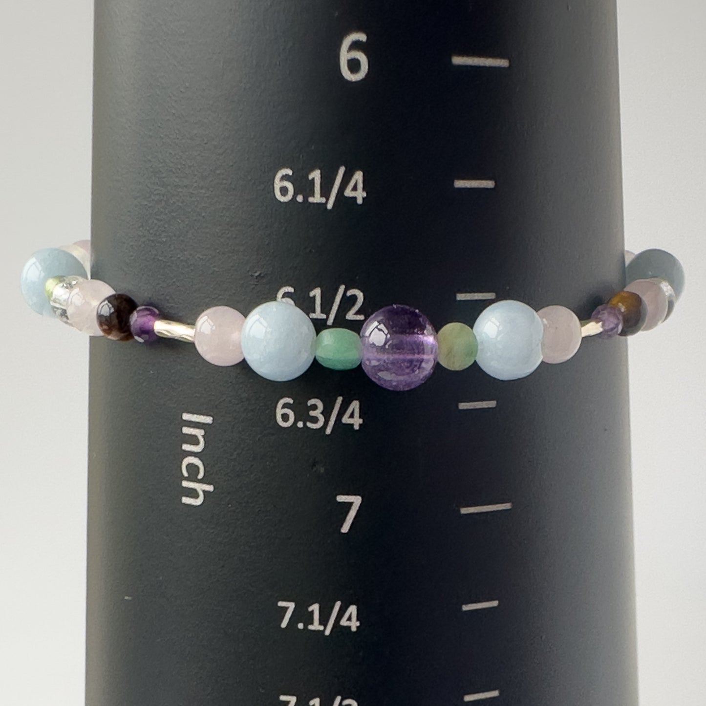 Taurus Healing Crystal bracelet for Stress on mandrel showing size as approx 6.5 inches