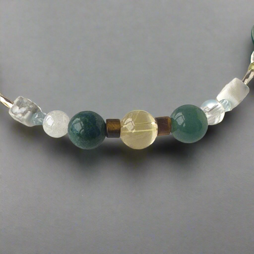 Gemini Healing Crystal bracelet for Love showing Citrine, Moss Agate, Howlite, Tiger’s Eye, Topaz, Selenite and Clear Quartz