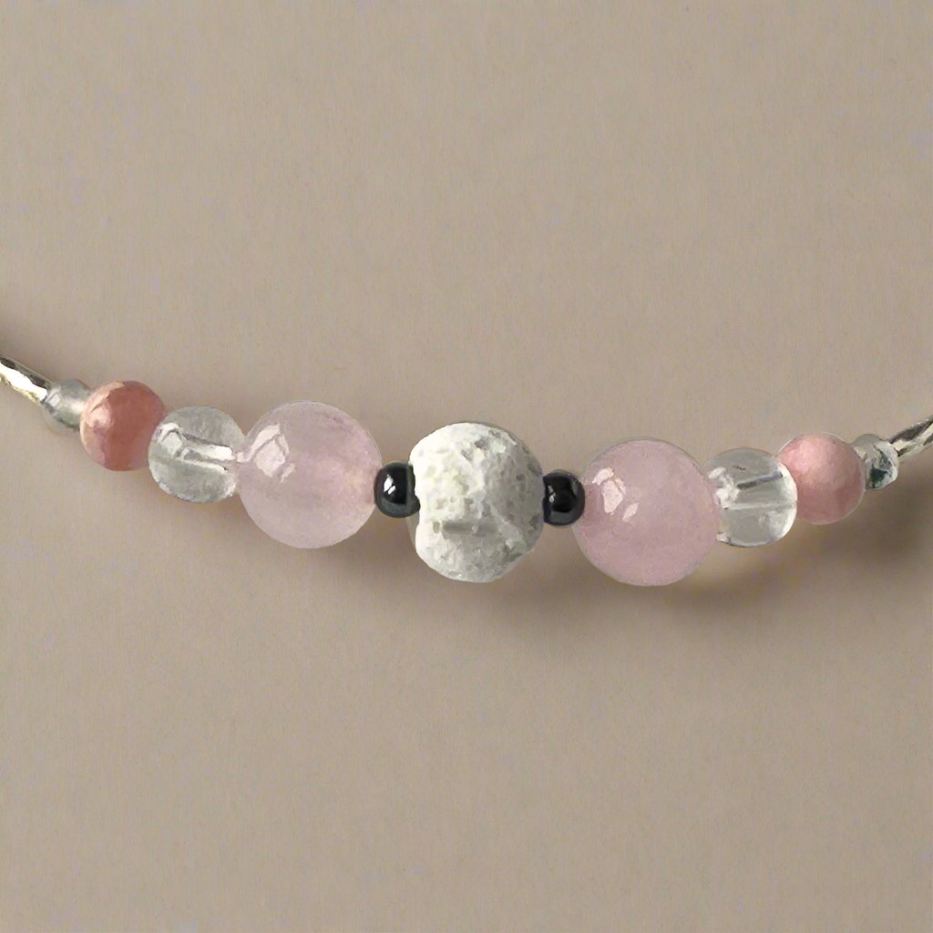 Aquarius Healing Crystal bracelet for Love Close-up of Rose Quartz, Hematite, Moss Agate, Rhodochrosite, Lava Stone and Clear Quartz