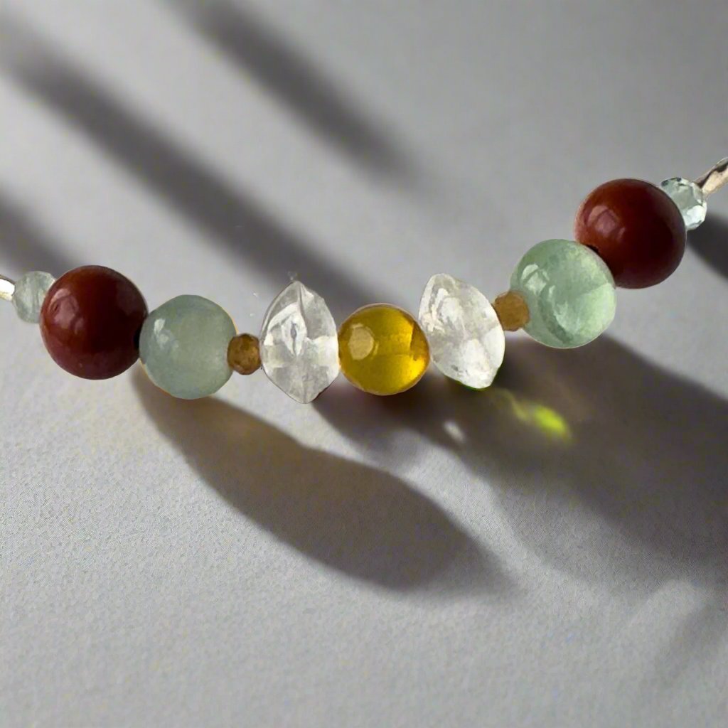 Aquarius Healing Crystal bracelet for Confidence close up of Garnet, Jasper, Fluorite and Amber