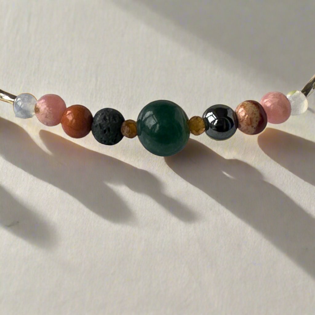 Aquarius Healing Crystal bracelet for Confidence close-up of Garnet, Jasper, Rhodochrosite and Hematite 