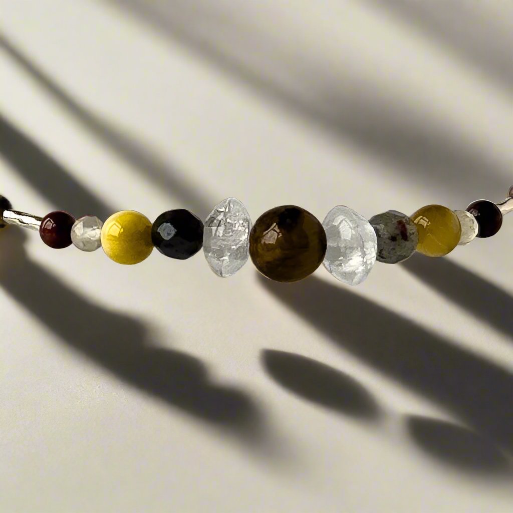 Libra Healing Crystal bracelet for Confidence showing Mahogany Obsidian, Clear Quartz and Yellow Tiger’s eye