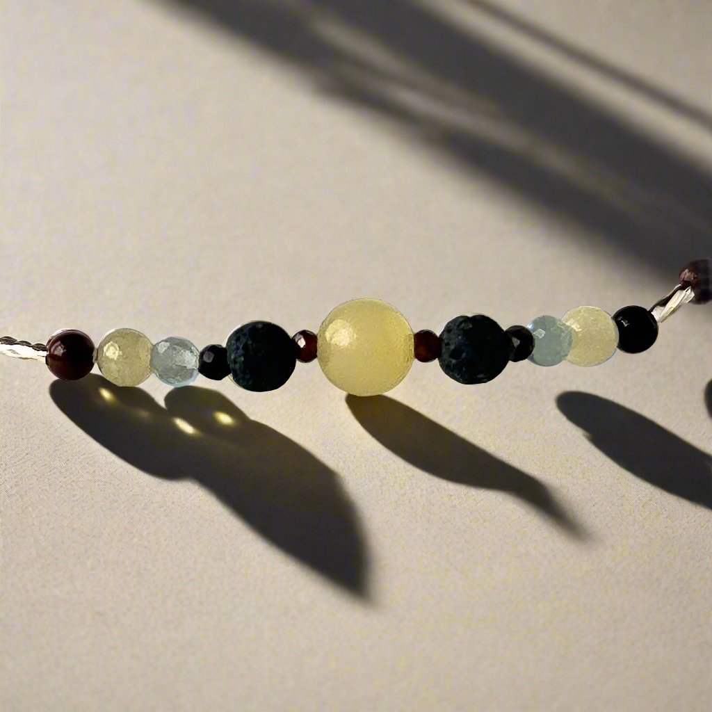 Capricorn Healing Crystal bracelet for Confidence showing Garnet, Mahogany Obsidian, Fluorite, Aragonite and Lava Stone