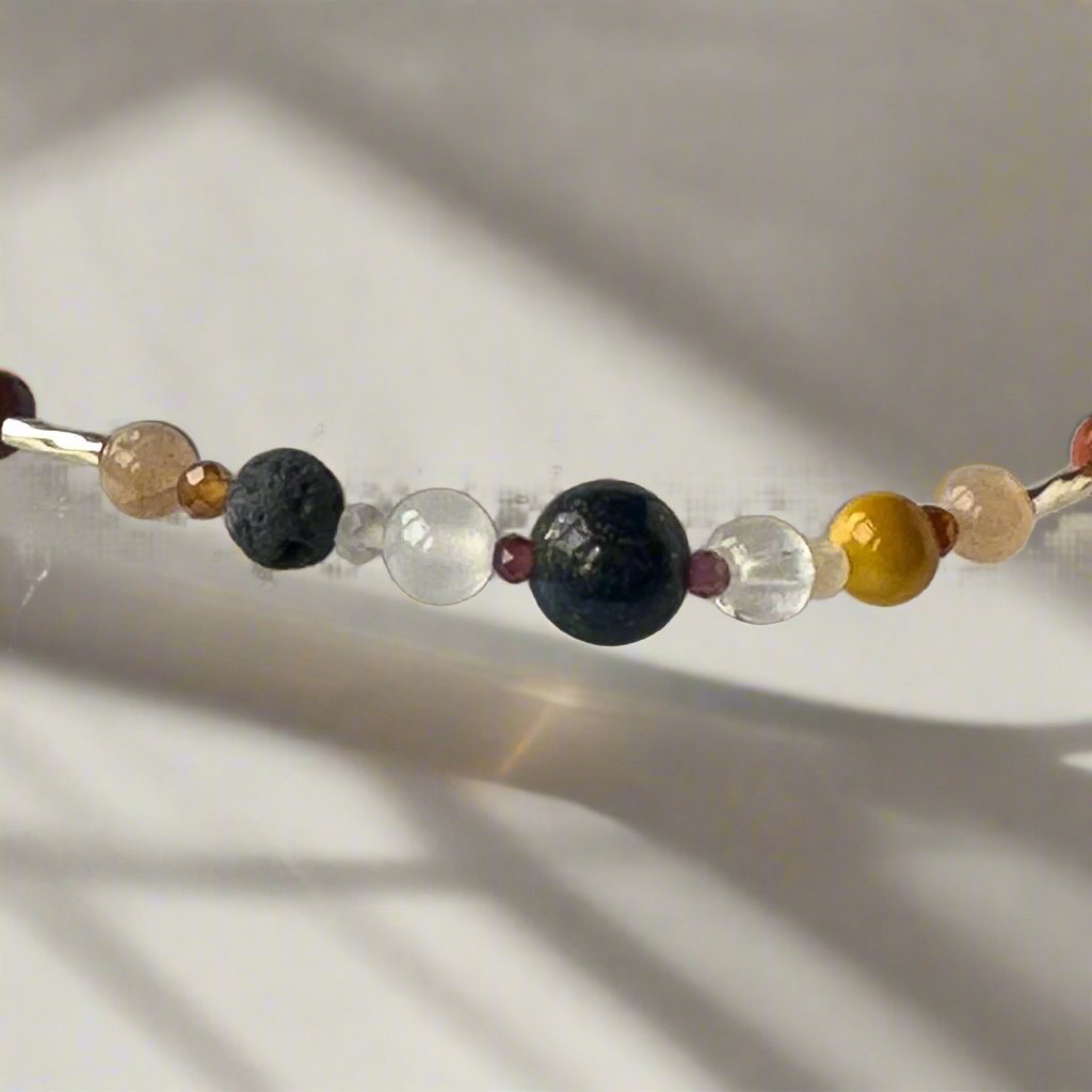 Leo Birthstone Healing Crystal bracelet for Confidence and Self-esteem showing Yellow Tiger’s Eye, Citrine, Garnet, Sunstone, Chrysocolla, Selenite, Clear Quartz and Lava Stone