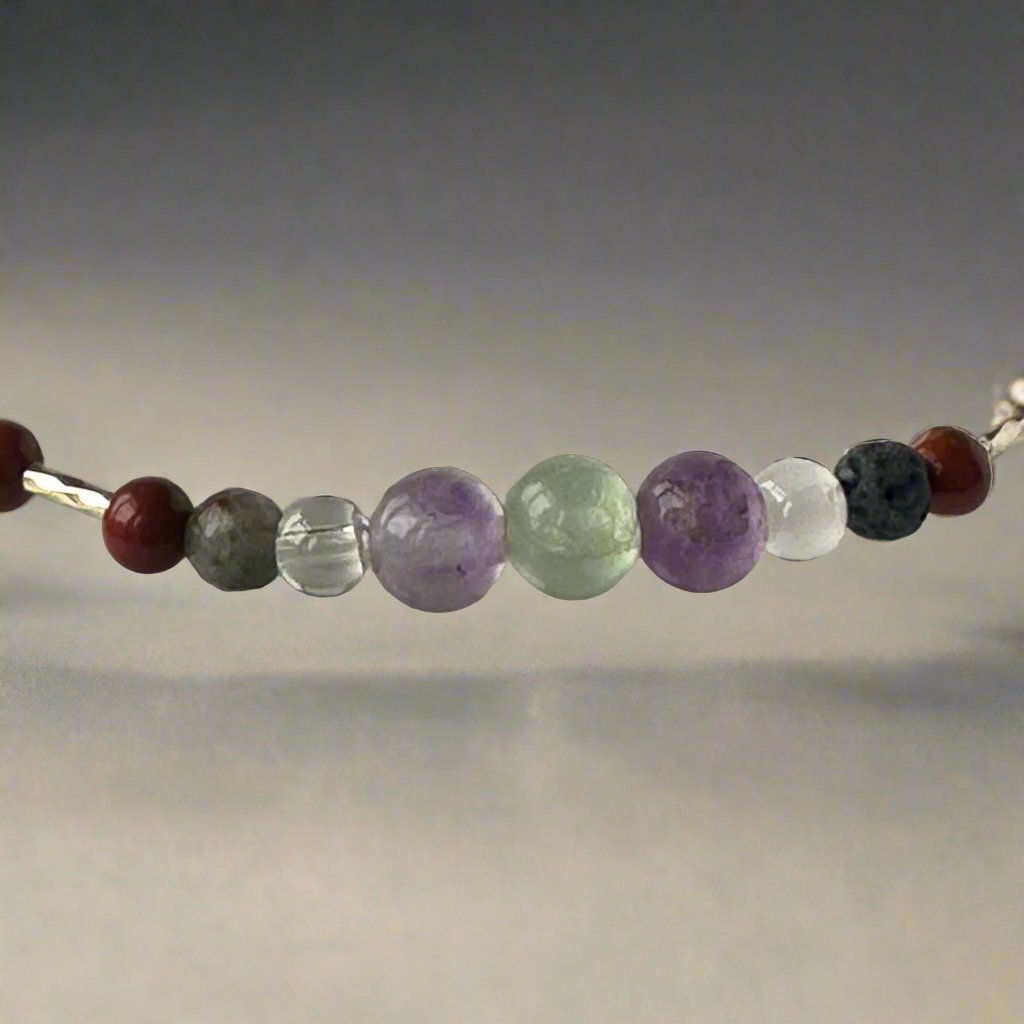 Pisces BirthstoneHealing Crystal bracelet for Confidence and Self-esteem showing Bloodstone, Jasper, Fluorite, Selenite, Clear Quartz and Lava Stone 