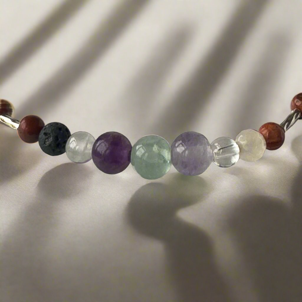 Pisces Birthstone Healing Crystal bracelet for Confidence and Self-esteem showing Fluorite, Clear Quartz, Selenite, Jasper and Lava Stone