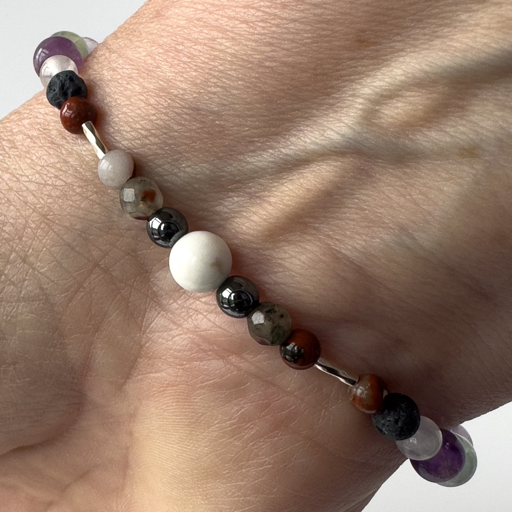 Pisces Birthstone Healing Crystal bracelet for Confidence and Self-esteem showing Hematite, Bloodstone, Jasper and Magnesite on a wrist