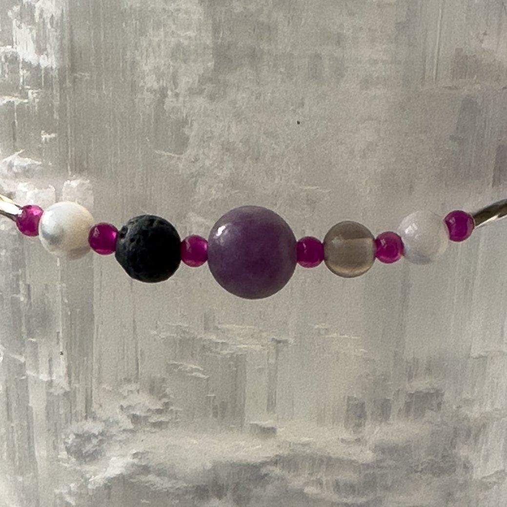 Pisces Birthstone Healing Crystal bracelet for Grief & Loss support showing Amethyst, Lepidolite, Smoky Quartz, Moonstone, Ruby and Lava Stone