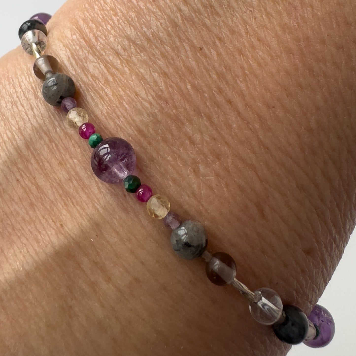 Scorpio Healing Crystal bracelet for Grief & Loss on wrist showing Citrine, Malachite, Labradorite, Ruby, Amethyst and Smoky Quartz