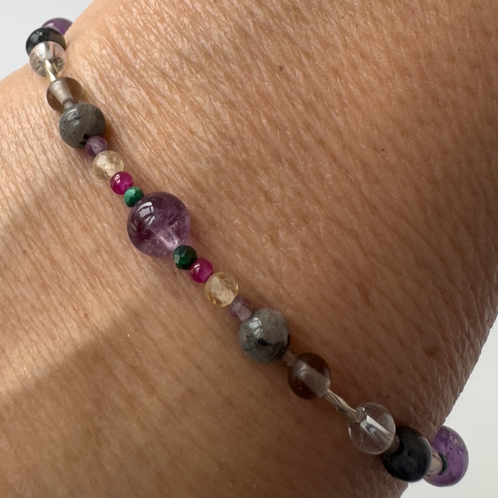 Scorpio Healing Crystal bracelet for Grief & Loss on wrist showing Citrine, Malachite, Labradorite, Ruby, Amethyst and Smoky Quartz