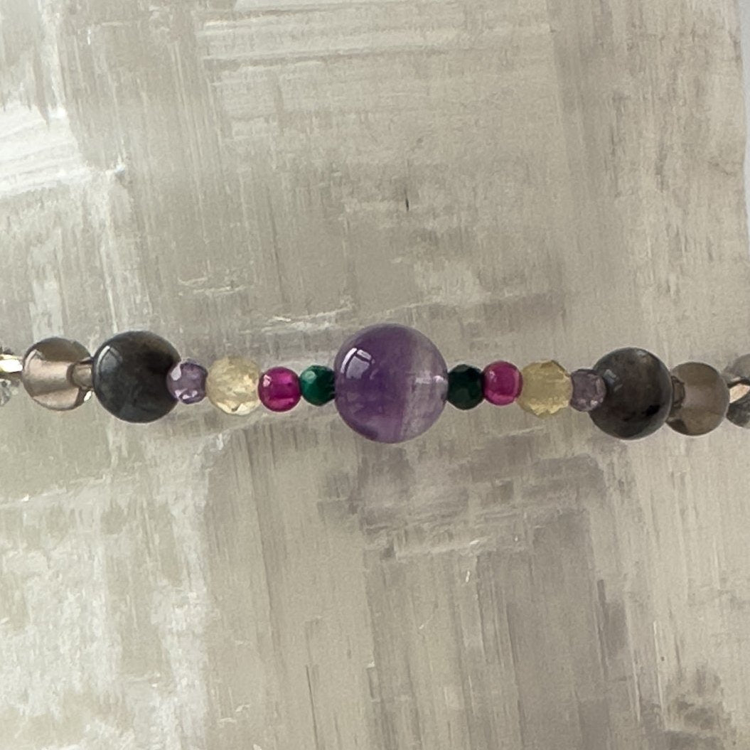 Scorpio Birthstone Healing Crystal bracelet for Grief & Loss support showing Citrine, Malachite, Labradorite, Ruby, Amethyst and Smoky Quartz