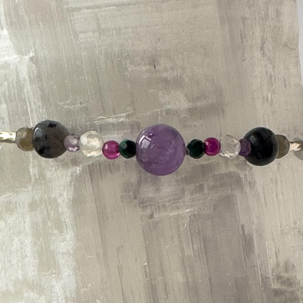 Scorpio Birthstone Healing Crystal bracelet for Grief & Loss support showing Citrine, Malachite, Labradorite, Ruby, Amethyst and Smoky Quartz