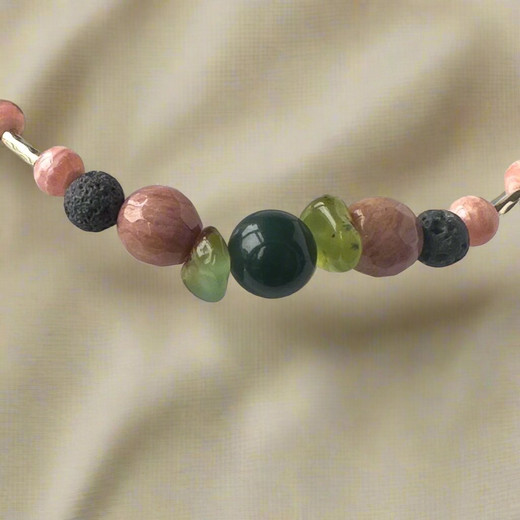 Scorpio Birthstone Healing Crystal bracelet for Love and Compassion showing Moss Agate, Chrysoprase, Rhodochrosite, Rhodonite and Lava Stone