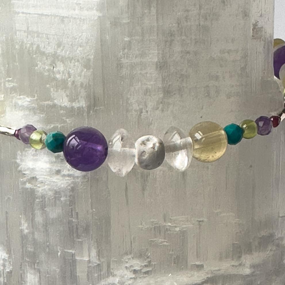 Scorpio Birthstone Healing Crystal bracelet for Determination & Willpower showing Amethyst, Citrine, Turquoise, Garnet, Peridot, Clear Quartz and Lava Stone