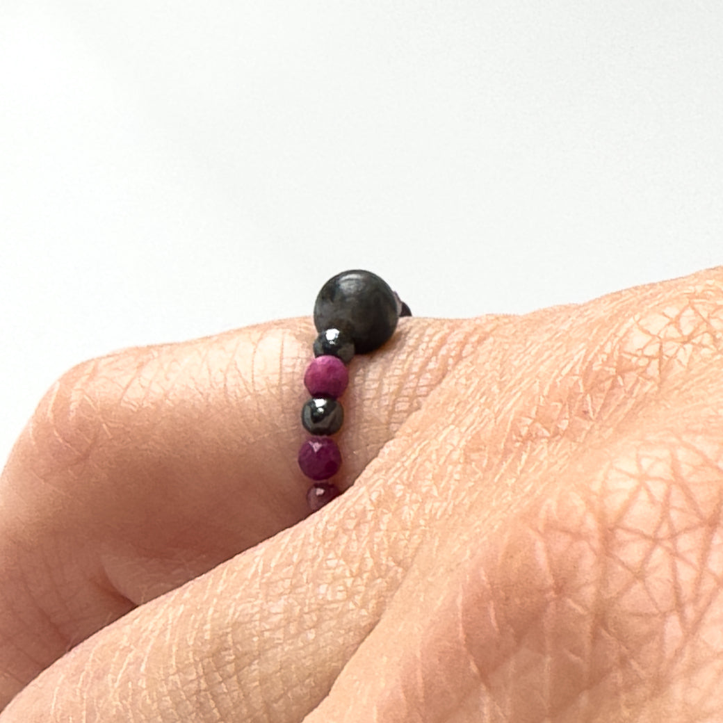 Side view of Aquarius Birthstone Healing Crystal ring for Strength and Courage on a finger