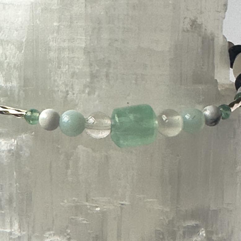 Virgo Birthstone Healing Crystal bracelet for Calm & Anxiety Relief showing Howlite, Green Aventurine, Amazonite, Fluorite, Selenite and Clear Quartz