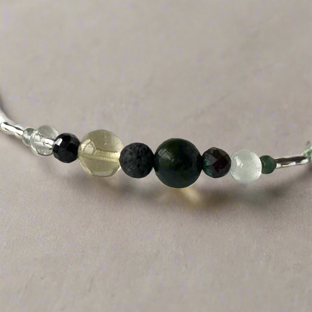 Virgo Birthstone Healing Crystal bracelet for Confidence and Self-esteem showing Citrine, Moss Agate, Chrysocolla, Selenite, Clear Quartz and Lava Stone