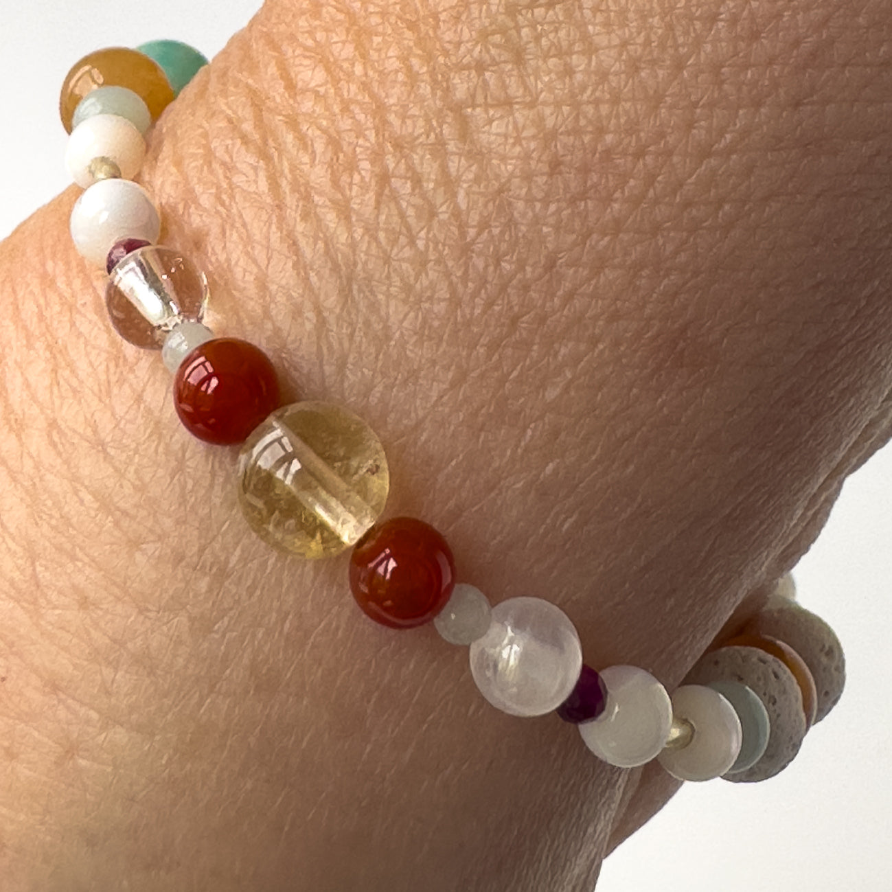 Virgo Birthstone Healing Crystal bracelet for Grief & Loss support on wrist showing Carnelian, Amazonite, Citrine, Sugilite, Moonstone, Selenite and Clear Quartz