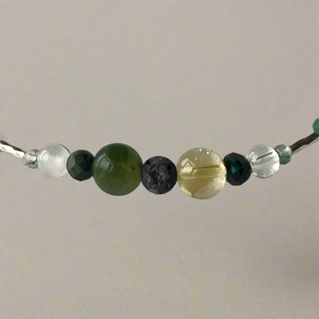 Virgo birthstone Healing Crystal bracelet for Confidence and Self-esteem showing Citrine, Moss Agate, Chrysocolla, Selenite, Clear Quartz and Lava Stone